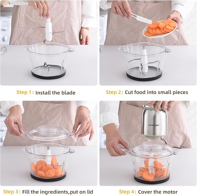 COOKZHOM Food Processor 8 Cup, 500W Electric Food Chopper,Meat Grinder with Glass Bowl and 2 Sharp Blades Set for Vegetable, Meat, Nuts, Functions for Chopping, Dicing, Mixing and Puree