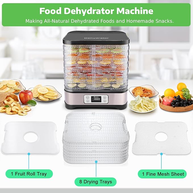 Homdox Food Dehydrator Machine, 8 BPA-Free Trays, 72H Timer & Temperature Control 158°F Max, 400W Dehydrator for Food and Jerky, Fruit, Herbs, Meat, Veggies, Dog Treats, Fruit Roll Sheet Included