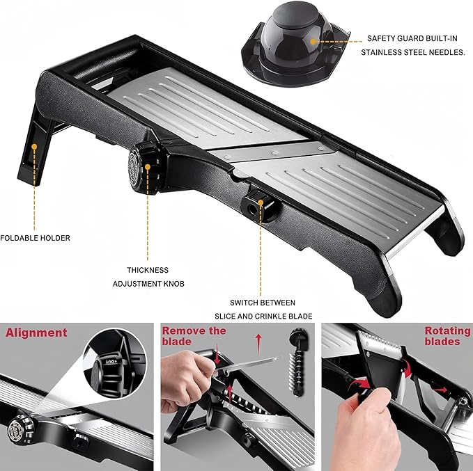 Mandoline Food Slicer for Kitchen, Adjustable Stainless Steel Mandoline Vegetable Slicer, Onion/Potato Slicer/French Fry Cutter, 6-Piece Fruit & Vegetable Cutting Set (Black/Silver)