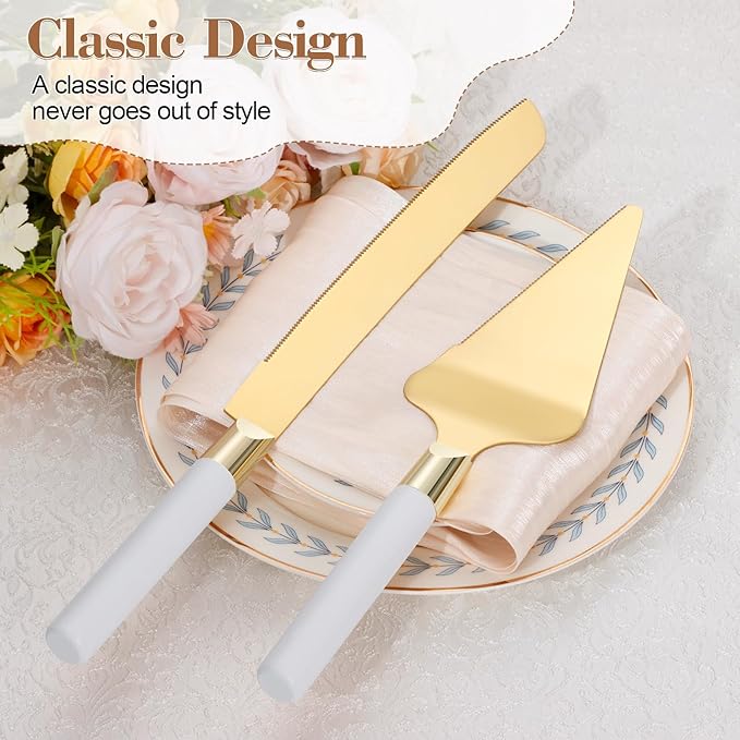 TUKDAK Gold Cake Cutting Set for Wedding, Wood Cake Knife & Server Set, Vintage 2-Piece Pie Cutter Serving Set, Serrated Pizza Utensils, Anniversary Birthday Bridal Gift (White)