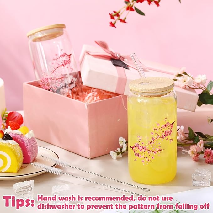 Sliner 2 Pcs Cherry Blossom Glass Cups Floral Drinking Glasses Sakura Iced Coffee Tumbler with Lid Straw Cleaning Brush 16 oz Beer Can Tumbler Holiday Gifts for Home Office Decorations