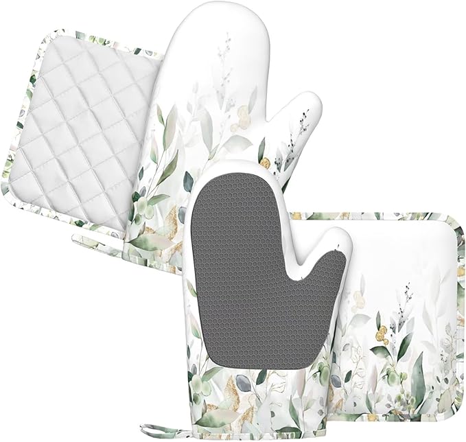 Eucalyptus Sage Silicone Oven Mitts and Pot Holders Sets Watercolor Botanic Kitchen Mitts Leaf and Buds Leaves Potholder Kitchen Accessories for Cooking Baking BBQ