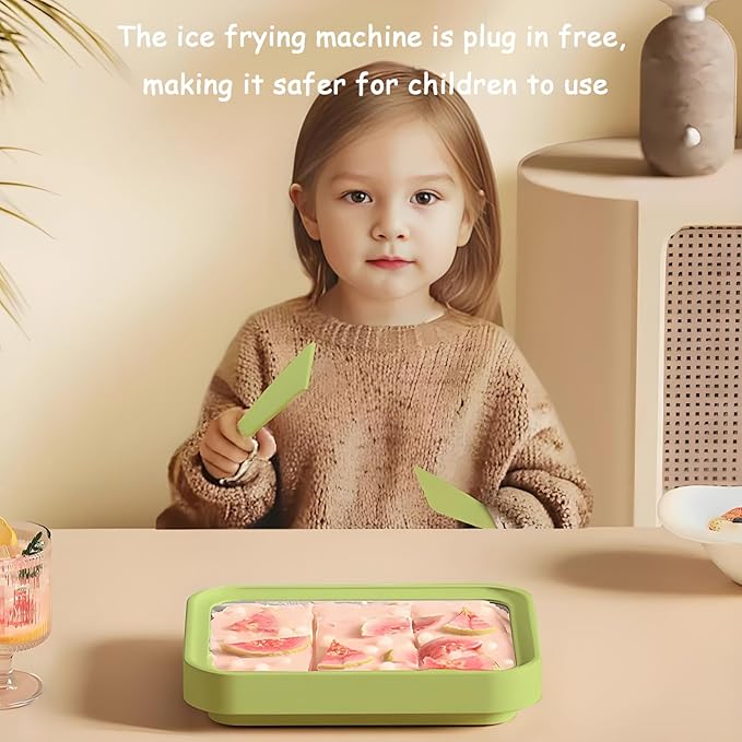 Rolled Ice Cream Maker,Parent Child Homemade Instant Frozen Yogurt Maker,with 2 Spatulas,Plug In Free,Food-Grade 304 Stainless Steel,Safer for Children To Use(Green, (8.9in*6.9in*1.6in))