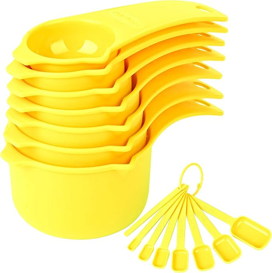 Plastic Measuring Cups and Spoons Set, Yellow Dry Measuring cups Set with Spout and Leveler for Kitchen and Baking, BPA free and Dishwasher Safe, Nesting Measuring Cups Set 15