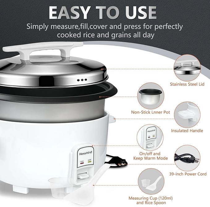 Heromind Commercial Rice Cooker, 46-Cup Rice Cooker, 9Qt / 10 L Large Rice Cooker with Nonstick Inner Pot, Fast Cooking and Auto Keep Warm, with Rice Cup and Paddle, Easy to Clean, 1600W