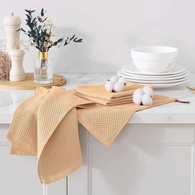 Kitinjoy 100% Cotton Kitchen Dish Cloths, 6 Pack Waffle Weave Ultra Soft Absorbent Dish Towels for Drying Dishes Quick Drying Kitchen Towels Dish Rags, (12" x 12", Apricot)