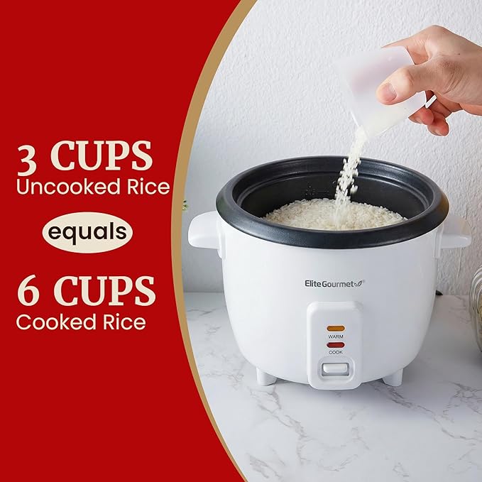 Elite Gourmet Electric Rice Cooker with Steam Tray and Non-Stick Inner Pot Makes Soups, Stews, Grains, Cereals, Keep Warm Feature, 6 Cups Cooked (3 Cups Uncooked), White