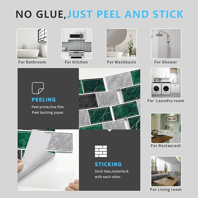 URCOLOR 10-Sheet Peel and Stick Backsplash Tile for Kitchen,12"x12" Self Adhesive Wall Tiles Stick on Back Splashes for Bathroom Green Marble Look