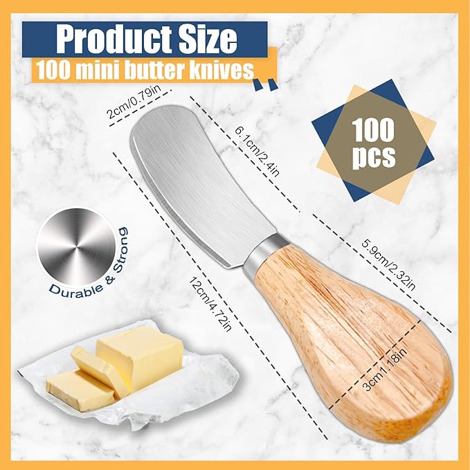 100 Pcs Cheese Spreader Knives with Wooden Handle Stainless Steel Butter Spreader Charcuterie Boards Accessories for Hotels Family Weddings