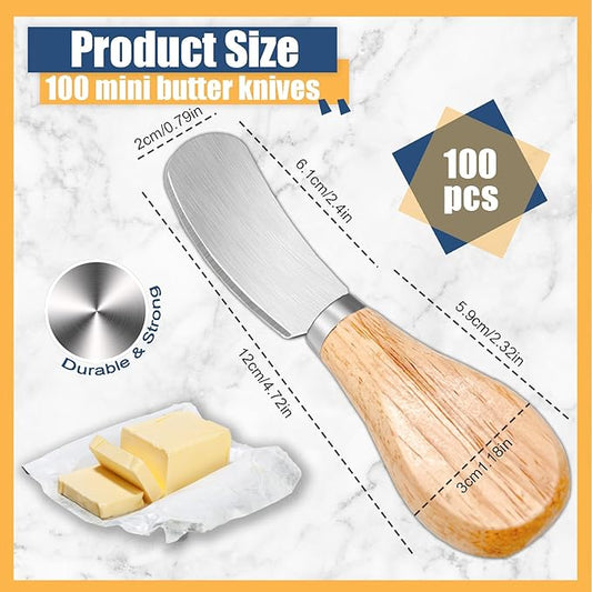 100 Pcs Cheese Spreader Knives with Wooden Handle Stainless Steel Butter Spreader Charcuterie Boards Accessories for Hotels Family Weddings