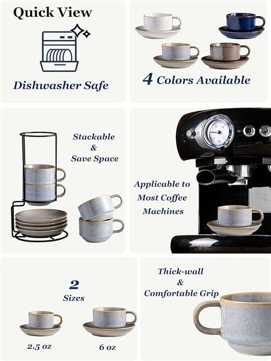 Gomakren 6 Ounce Cappuccino Cups with Saucers and Metal Stand, Stackable Coffee Cup Set of 4, Valentine Porcelain Espresso Cups for Coffee Drinks, Cappuccino, Latte, Americano, Tea, Gray