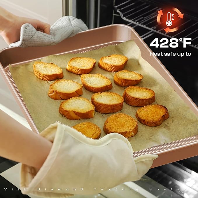 Slow Slog 3Pcs Baking Sheet Pan Set, Large Nonstick Cookie Sheets Set, Jelly Roll Pans, Heavy Duty Carbon Steel Cookies Sheet for Oven, Diamond Texture, Gold