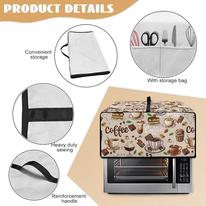 Doojoayie Brown Toaster Oven Cover Coffee Print 8 Slice Bread Machine Dust Protector Universal Fit Dust-proof & Stain Resistant Covers for Kitchen Appliance Protection
