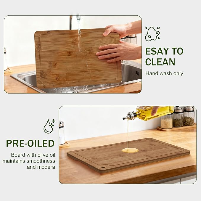 Bamboo Cutting Boards for Kitchen, 17" Large Wood Cutting Board with Juice Grooves & Built-in Handles, Easy Storage & Clean Chopping Board for Meat, Vegetables, Fruit