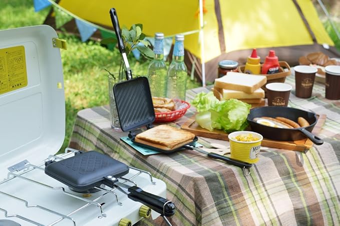 Yoshikawa SJ2408 Hot Sand Maker, For Gas Fire, Crispy, Single Fluorine Processed, Tanned Grill, Total Width 5.9 x Length 13.8 x Height 1.3 inches (15 x 35 x 3.2 cm), Black, Outdoor Camping