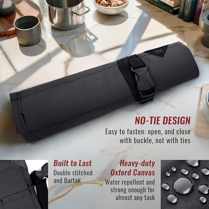 Under NY Sky Knife Roll Case - 4 Slots - Heavy Duty Oxford Canvas Pouch - Leather Reinforced - Portable Bag for Cooking Tools, Utensils, Cutlery Knives, Brushes - Chefs, Kitchen, Travel, Gift - Gray