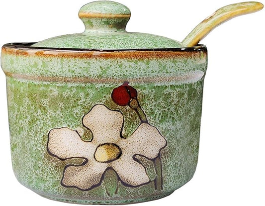 Ceramics Retro Flower Sugar Salt Pepper Storage Jar Seasoning Pot with Lid And Spoon