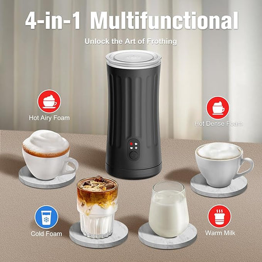 CookSwift Milk Frother, 4-in-1 Milk Steamer and Frother, 8.1oz/240ml Automatic Warm and Cold Foam Maker, Auto Shut-Off Frother for Coffee, Latte, Cappuccino, Macchiato(Black)