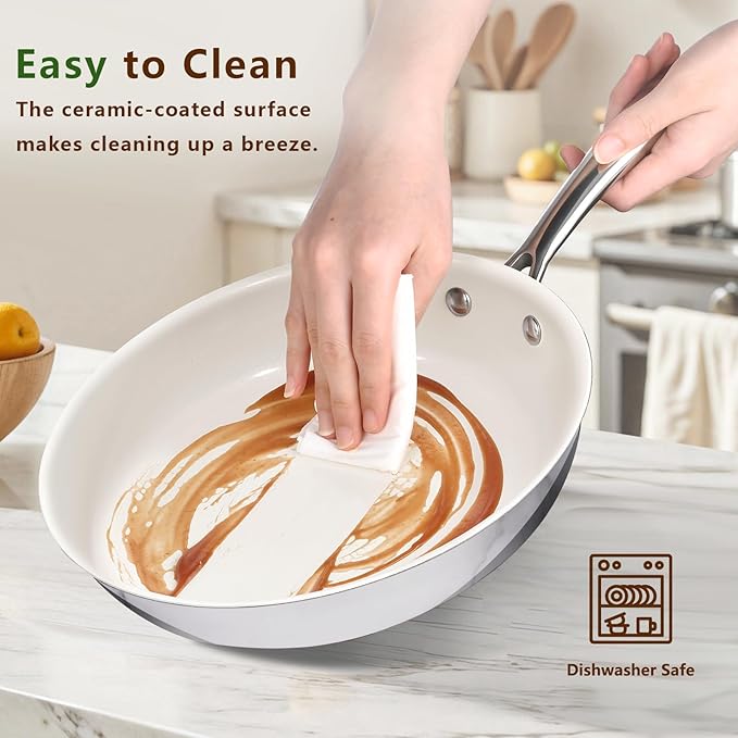 SAKAMOSH 8 Inch Nonstick Ceramic Frying Pan, Tri-Ply Stainless Steel Skillet with Stay-Cool Handle, PFAS/PFOA/PTFE Free, No Seasoning Required, High Heat & Induction Safe, Dishwasher/Oven Safe