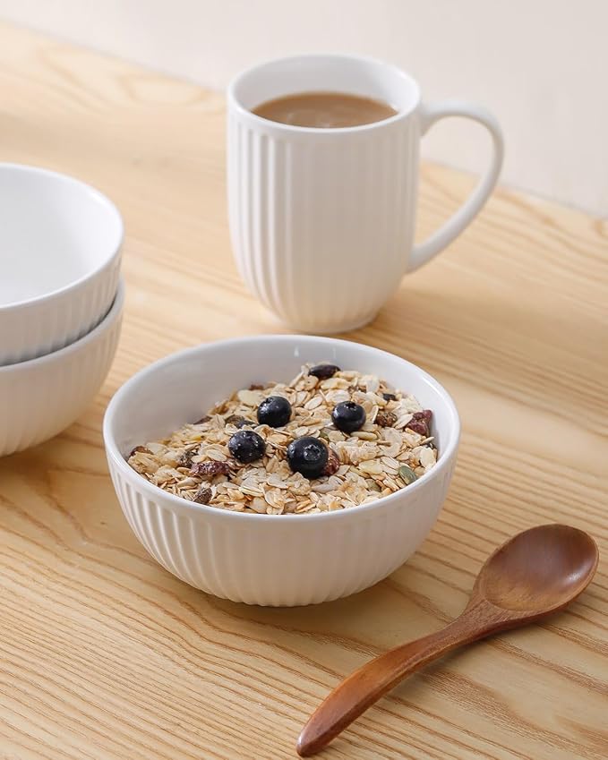 HASENSE Cereal Bowls Set Ceramic 24 Oz - 6 Inch Soup Bowl Set of 6 for Kitchen,Modern Ribbed White Porcelain Dishes for Entertaining,Soup,Oatmeal,Pasta,Cereal,Noodle - Dishwasher & Microwave Safe
