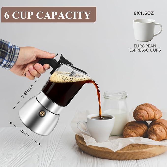 Newdehanm Stovetop Espresso Moka Pot, Crystal Glass-Top & Stainless Steel Italian Coffee maker, 300ml(6cup) (silver)