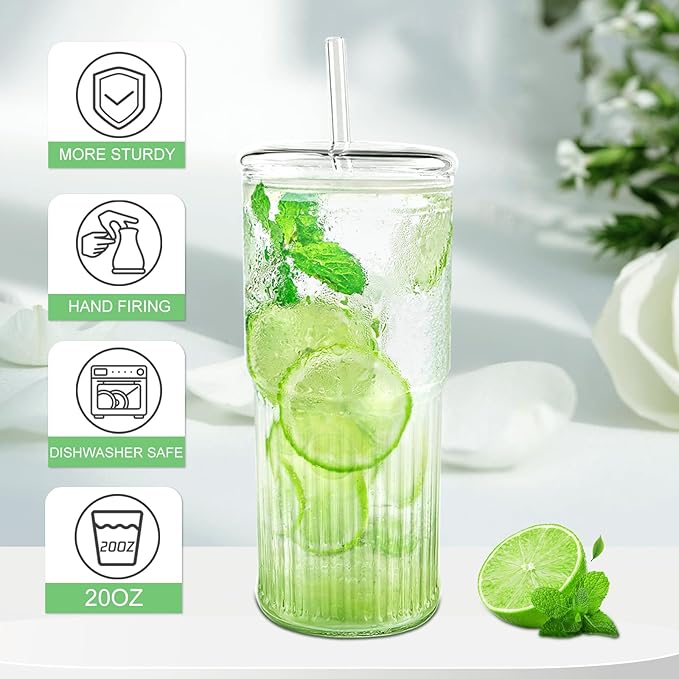 Glass Cups with Lids and Glass Straws, High Borosilicate 20OZ Tumblers for Coffee, Tea, Juice, Smoothies, Hot/Cold Drinks at Home, Office