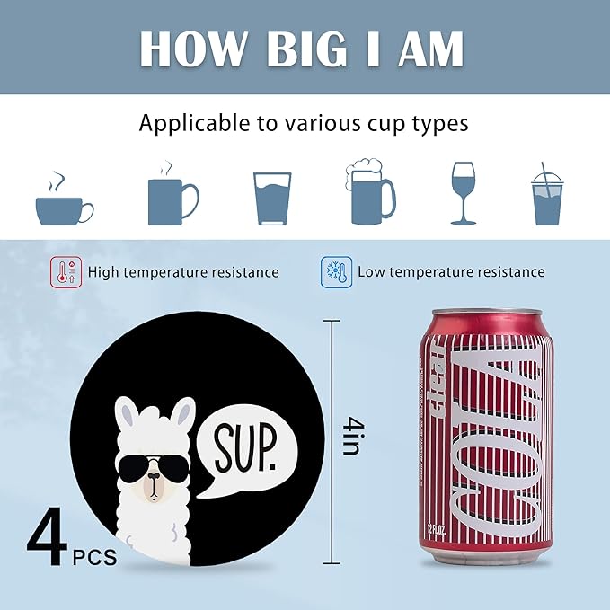 Coasters for Drinks,Set of 4 Absorbent Coasters,Sup Llama Funny Ceramic Coasters with Cork Base,Cup Coaster for Coffee Table Protection,Gifts for Housewarming Birthday - Home and Dining Room Decor