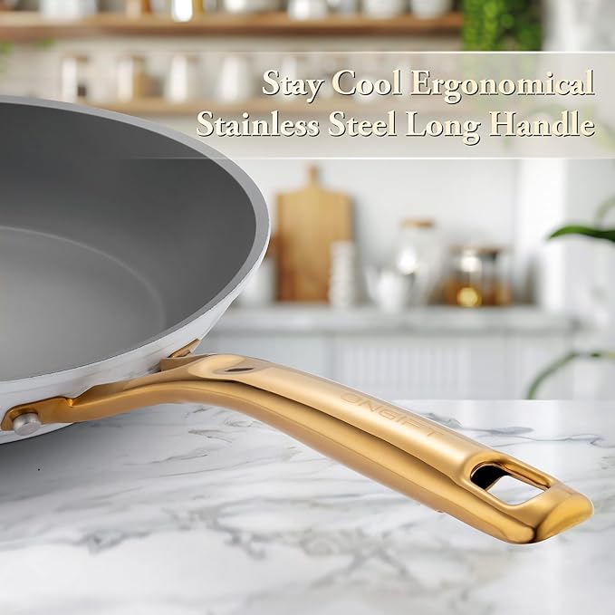ONGIFT Frying Pan Nonstick Set 2 Piece, 8＆10 Inch Skillet Easy to Clean, Kitchen Fry Pan without PTFE & PFOA, Compatible with All Stovetops, Lightweight and Durable, Marble White
