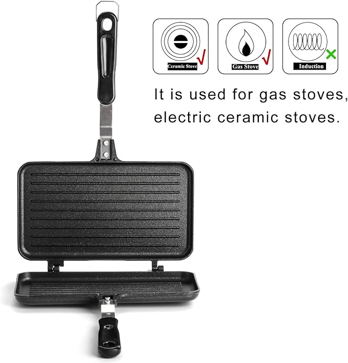 SOUJOY Sandwich Maker, Non-stick Grill Panini Maker Pan with Handle, Stovetop Toasted Aluminum Flip Pan Indoor Outdoor Camping Home Kitchen Breakfast