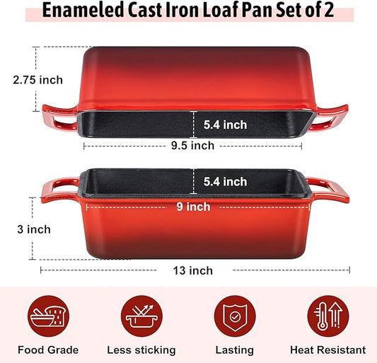 P&P CHEF 2-In-1 9 x 5 Inch Cast Iron Loaf Pan with Lid (Red), Bread Loaf Pans for Baking Homemade Sourdough Bread, Meatloaf, Toast, Cake, Nonstick & Healthy & Sturdy, 2 Piece Set