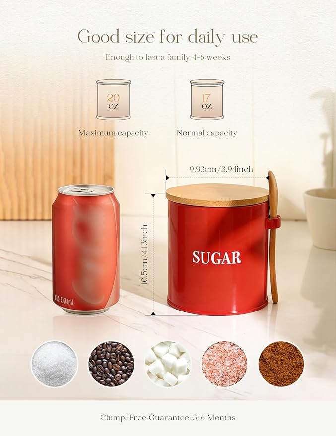 AISBUGUR Sugar Bowl with Lid and Spoon: 17oz Metal Sugar Container - Airtight Food Sugar Jar - Coffee Bar Accessories - Countertop Kitchen Decor (Red)