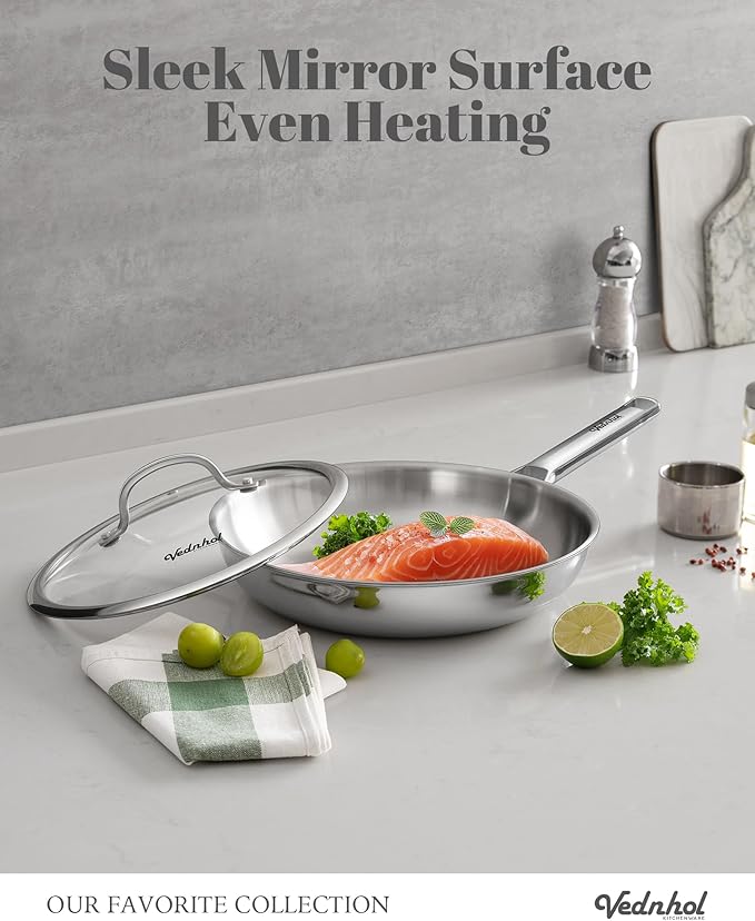 VEDNHOL Stainless Steel Pan,12 Inch Stainless Steel Frying Pan,Tri-Ply Stainless Steel Skillet,Steel Pan for Cooking,PFOA&PTFE Free,Dishwasher and Oven Safe,Induction&All Stove Compatible