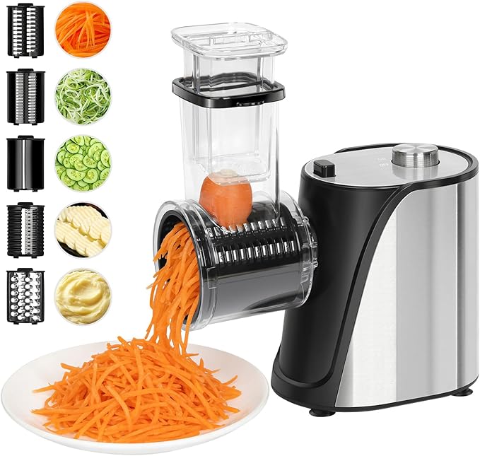 Inequalit Electric Vegetables Slicer Cheese Shredder, 5-in-1 250W Professional Automatic Salad Fruits Maker Shooter Chopper Machine Kitchen Cutter Grater Food Processor with 5 Different Blades