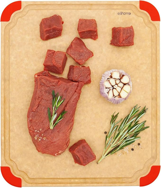 Elihome Premium Series Color Code Wood Fiber Dishwasher Safe Cutting board for Kitchen, Made in USA, Food Icon, Juice Grooves, Non-Porous, Non-slip Feet,Large 16" x 12"