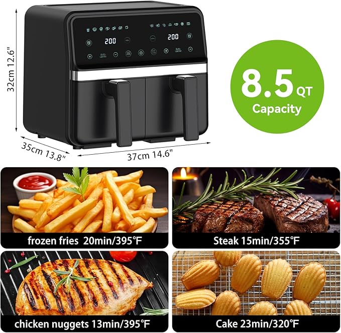 REABELL 8 Quart Dual Basket Air Fryer - Digital Touchscreen, Smart Sync Finish,Auto Shutoff, 2 Independent 4QT Nonstick Dishwasher-Safe Frying Baskets - Digital Double Air Fryer