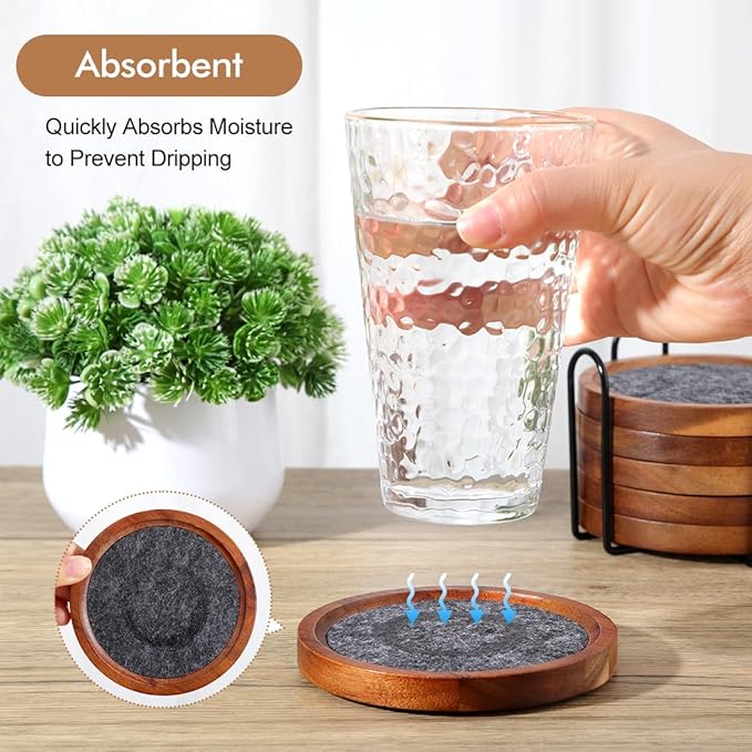 Acacia Wood Coasters for Drinks, HALE OTEIR 4.13 Inch Felt Wooden Coasters for Coffee Table Absorbent Set of 6 with Holder, Natural Wood Stackable Reusable Coasters for Home Office Coffee Bar Table