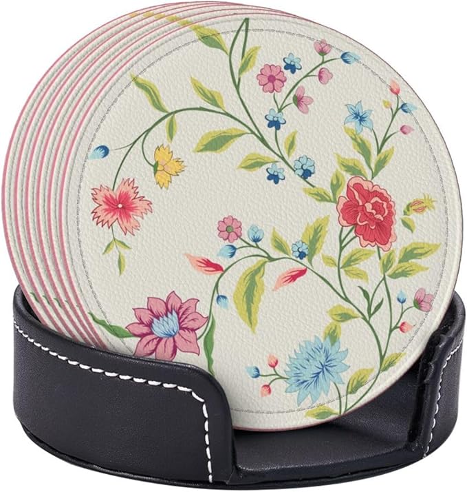 Spring Floral Leather Drink Coasters Set of 6 with Holder Round Cup Coaster for Table Decor