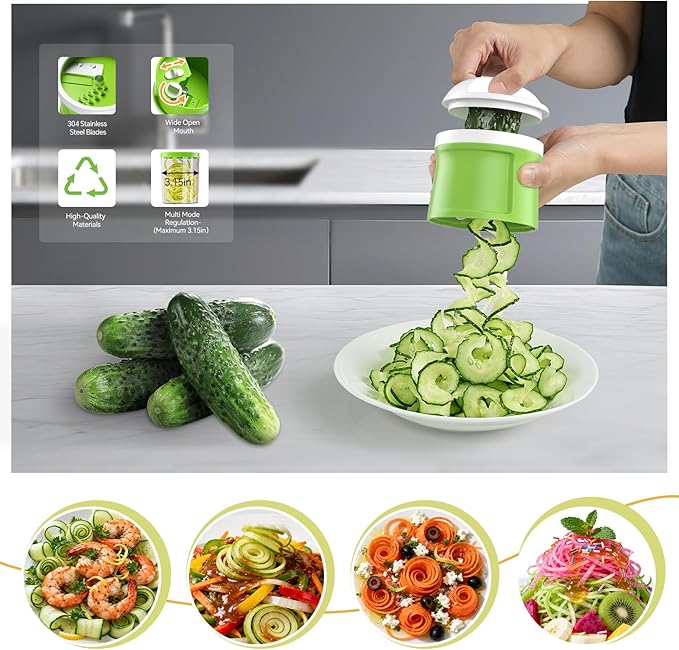 3 in 1 Vegetable Spiralizer Slicer, Adjustable Thickness 0-3mm, Zucchini Spiralizer Veggie Noodle Maker for Cucumber/Zoodle/Salad/Spaghetti/Pasta with Food Container, Cleaning Brush, Green