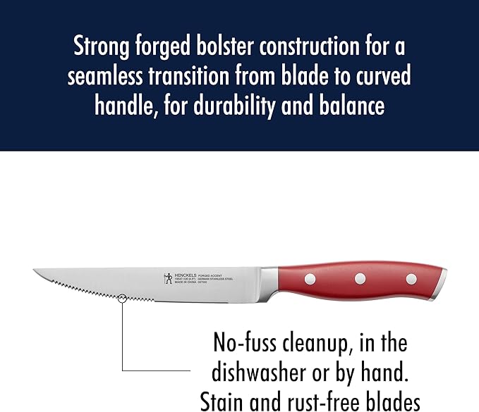 HENCKELS Forged Accent Razor-Sharp Steak Knife Set of 4, Red, German Engineered Knife Informed by over 100 Years of Mastery
