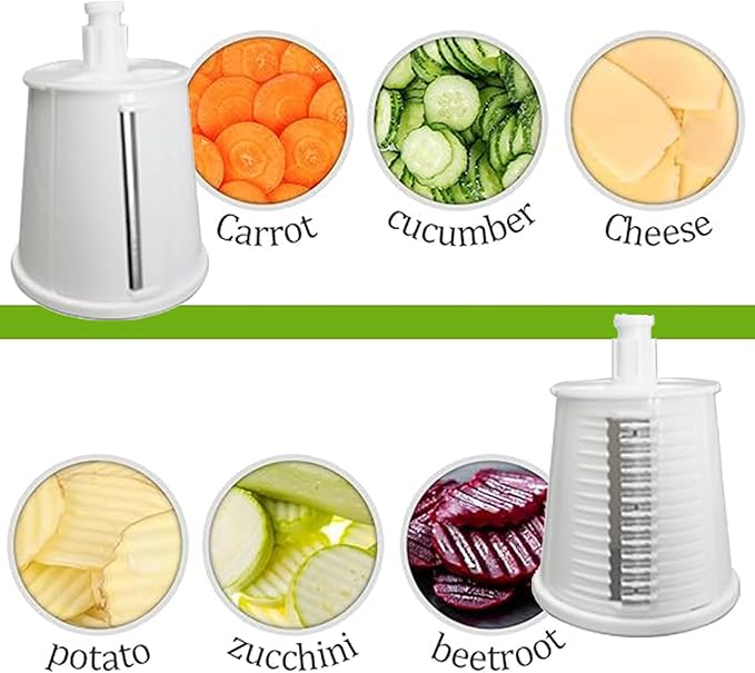 5-in-1 Rotary Cheese Grater Vegetable Slicer, 5 Interchangeable Blades Food Shredder with Anti-Slip Reinforced Suction Base, Kitchen Mandoline Chopper with Blade Storage Box (White)