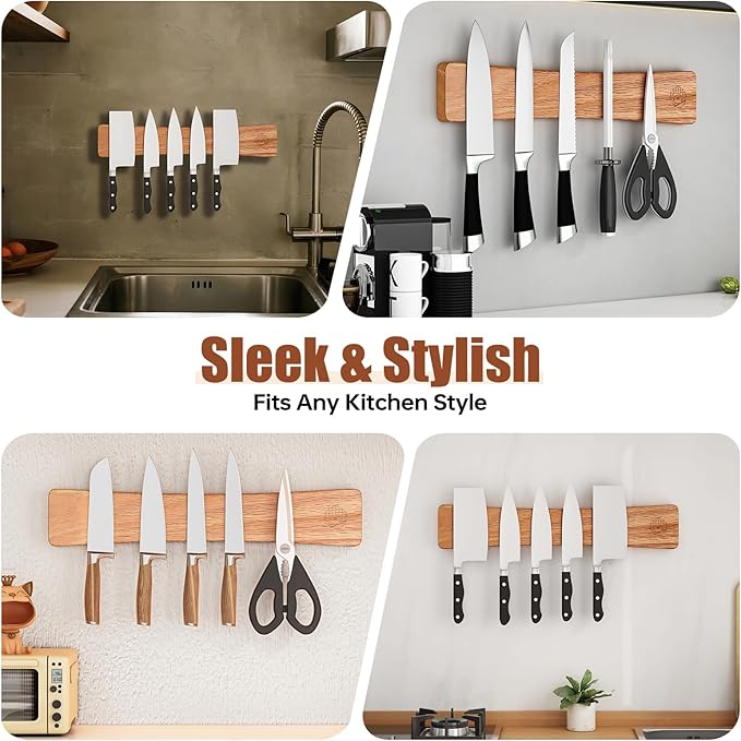 Magnetic Knife Strip, 16 Inch Oak Magnetic Knife Holder for Wall with N52 Strong Magnets, Premium Wooden Knife Magnetic Strip Organizer for Kitchen Knives, Tools,No Drilling