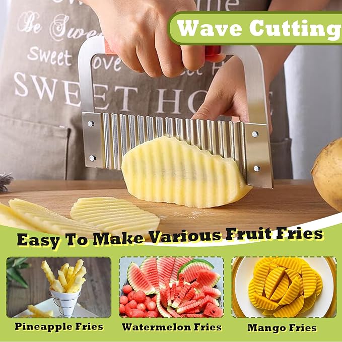 FANTEXY Extra Large Crinkle Cutter - French Fry Cutter, Waffle fry Chopper for Carrots And Potatoes, Wavy Crinkle Cutting Knife with Wood Handle for Professional Kitchens for Fruit