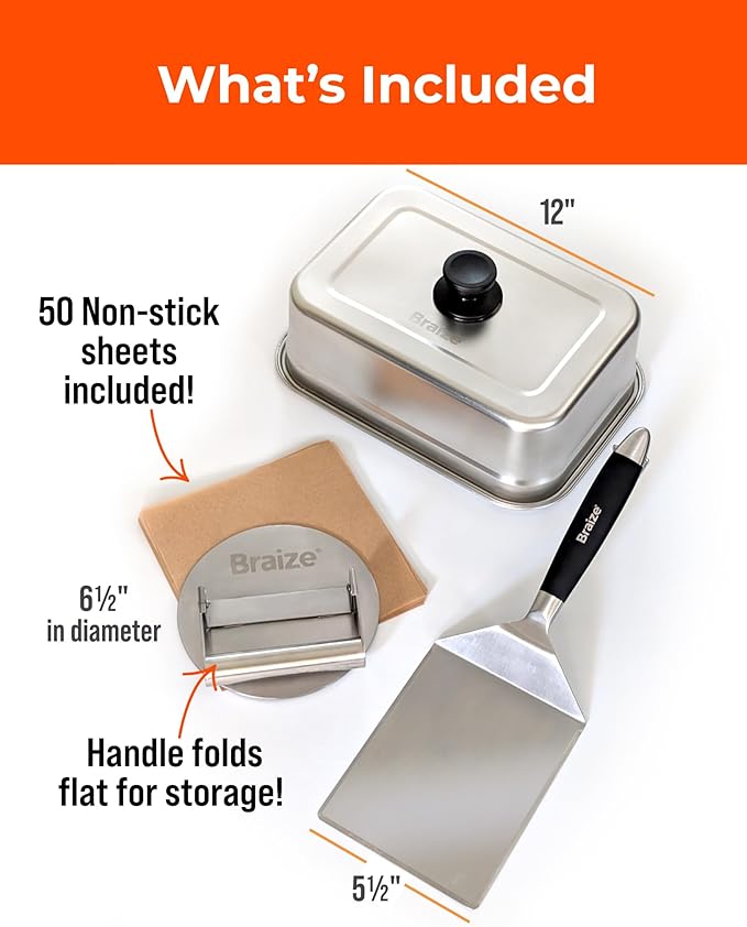 Smash Burger Press Kit – 6.5 Inch Stainless Steel Hamburger Smasher Tool – Heavy Duty Grill Press for Flat Top Griddles and Cast Iron Pans – Perfect for Crispy Smashed Burger Patty – Dome Set