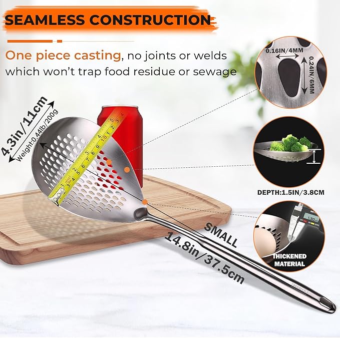 MARTE Skimmer Slotted Spoon, 304 Stainless Steel Pasta Spider Strainer Ladle Skimmer Spoon - Kitchen Cooking Colander Spider Strainer Spoon with Long Handle for Cooking, Draining, Frying, 14.8 Inch