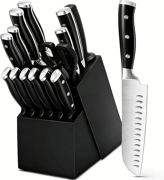 Knife Set, 15 Piece Premium Kitchen Knife Block Set, Razor-Sharp, High Carbon Stainless Steel Chef Knife, Ergonomic Forged Triple Rivet Handle, Black Sharp Knife Set for Kitchen, Dishwasher Safe