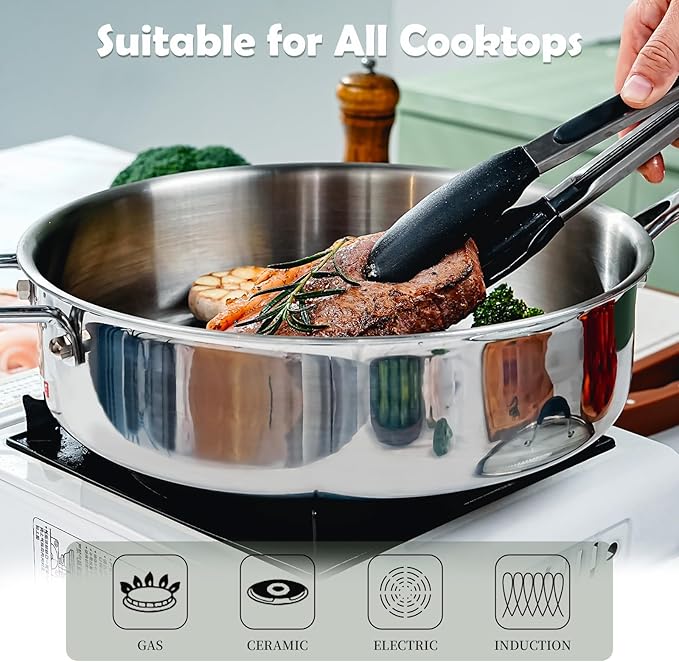 SLOTTET Tri-Ply Stainless Steel Saute Pan with Lid, 5 Quart Deep Sauté Pan with Comfortable Silicone Handle,11.5 Inch Frying Pan,Dishwasher and Oven Safe,Induction Stainless Steel Cookware