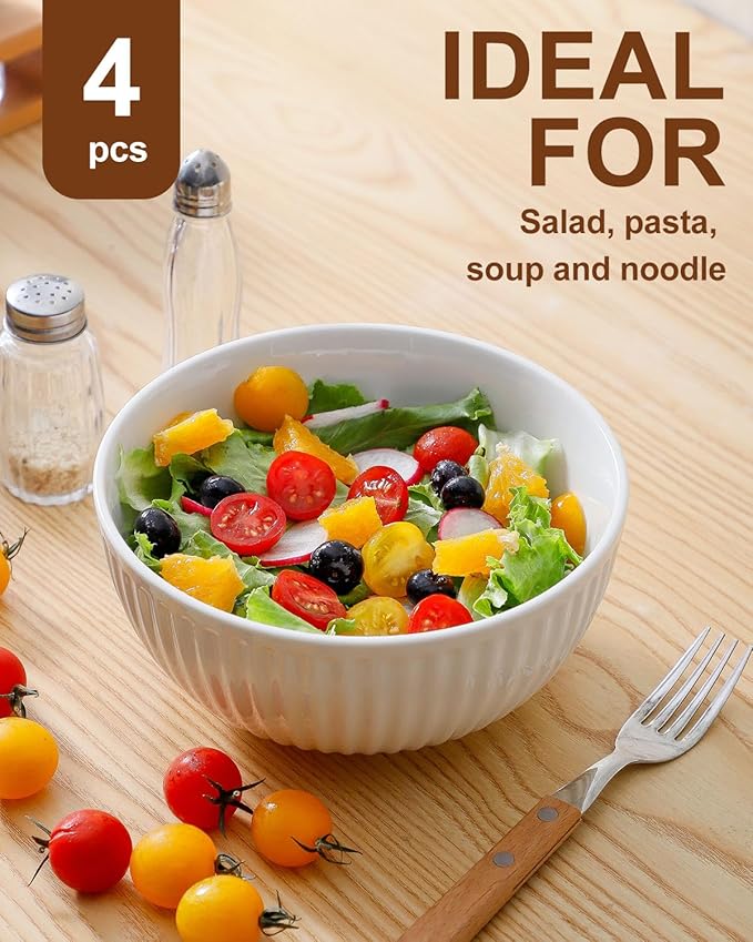 HASENSE Large Serving Bowls 7 Inch - 42 Oz White Ceramic Salad Bowl Set of 4 for Kitchen,Modern Ribbed Porcelain Dishes for Entertaining,Soup,Pho,Pasta,Cereal, Noodle - Dishwasher & Microwave Safe