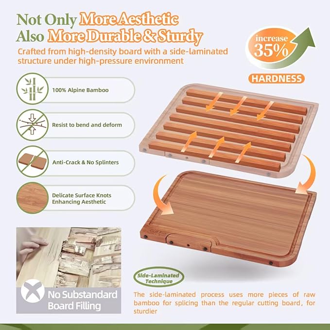 3-PCS Wood Cutting Board Set with Innovative Stand - Durable Double Sided Bamboo Cutting Board with Juice Groove & Handle for Meal Prep, Meat Charcuterie Serving, Eco-Friendly Healthy Kitchen Gift