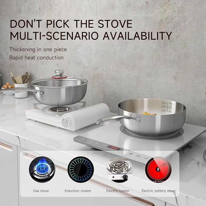 YeKuKing Tri-ply Stainless Steel Saute Pan 6-Quart with Clear Lid Deep Frying Pan for Chef's Cooking Wok Induction Oven Dishwasher Safe, Compatible with All Cooktops(Detachable Handle, 12 Inch)
