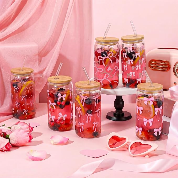 6 Pcs Pink Coquette Bow Glass Cups with Lids and Straws 16oz Cute Cherry Tumbler Bulk Reusable Can Shaped Drinking Glasses for Valentines Day Gifts Party Supplies